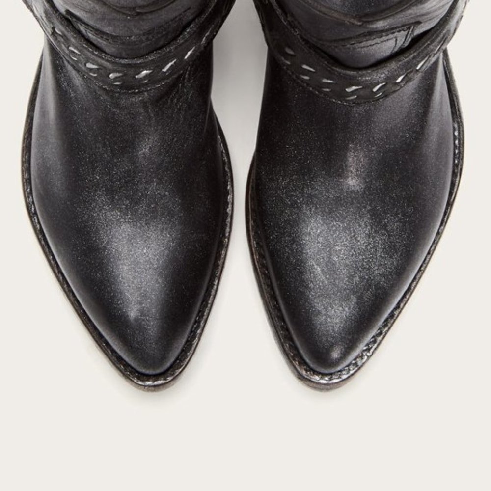 $429 Frye Billy Metallic Silver Chain Black Leather Cowboy Motorcycle Ankle Boot - Picture 2 of 16